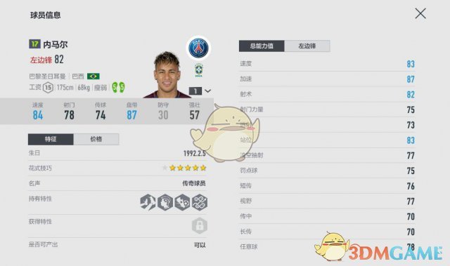 《FIFAOL4》左边锋内马尔属性解读