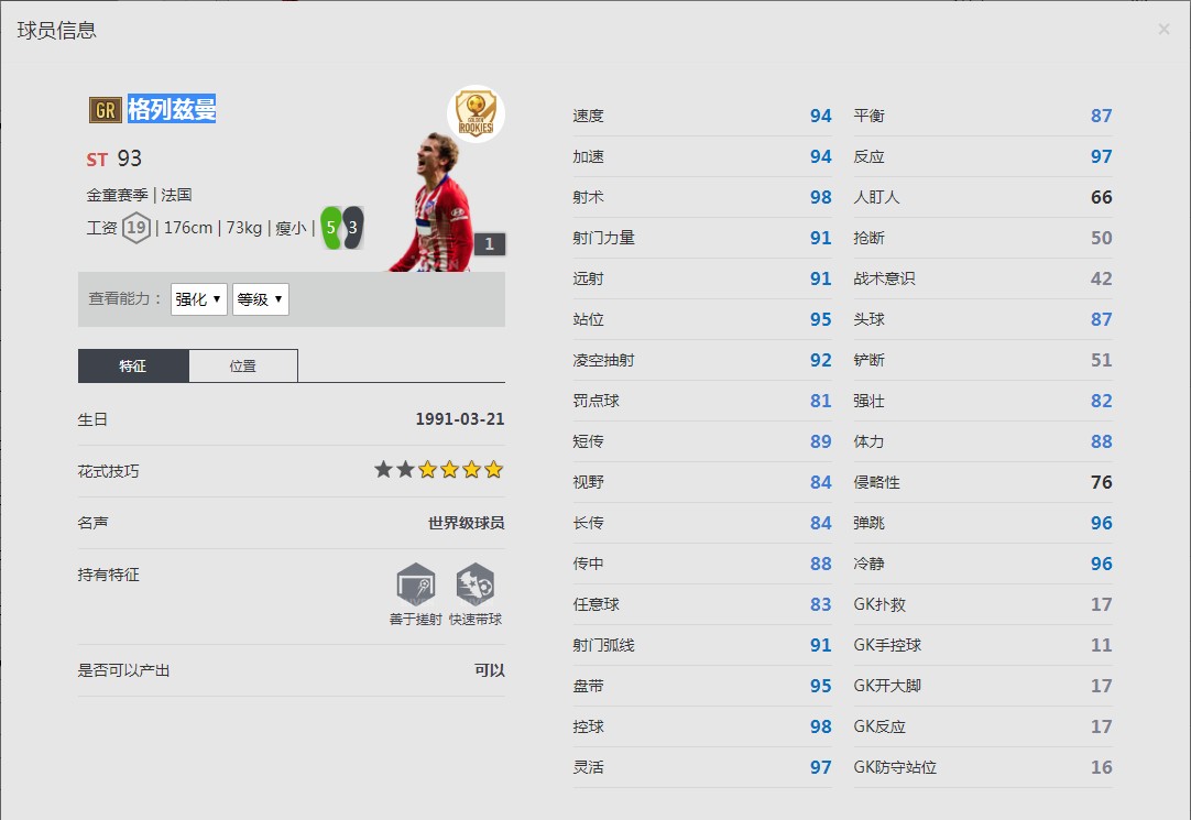 《FIFA online4》格列兹曼球员信息