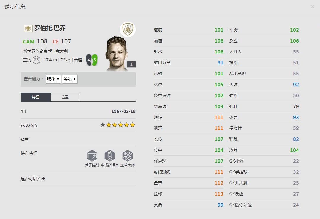 《FIFA online4》罗伯托·巴乔球员信息