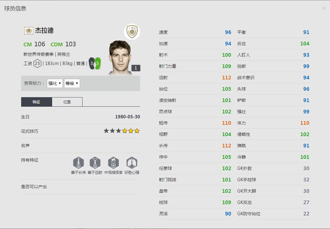 《FIFA online4》杰拉德球员信息