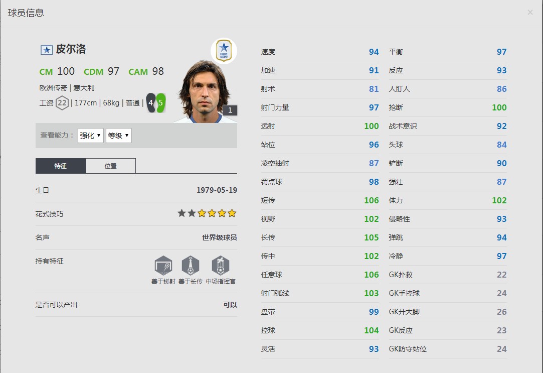 《FIFA online4》皮尔洛球员信息