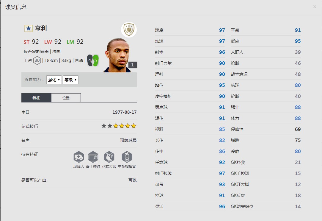 《FIFA online4》亨利球员信息