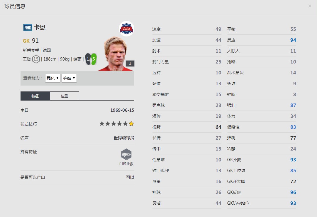 《FIFA online4》卡恩球员信息