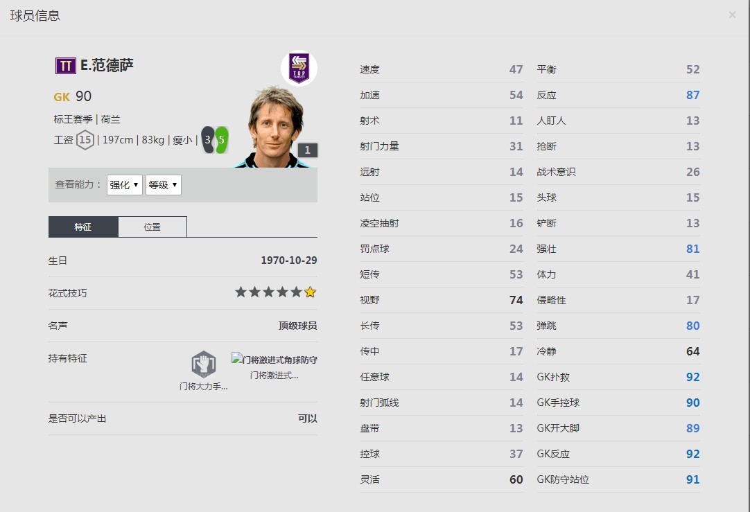 《FIFA online4》E.范德萨球员信息