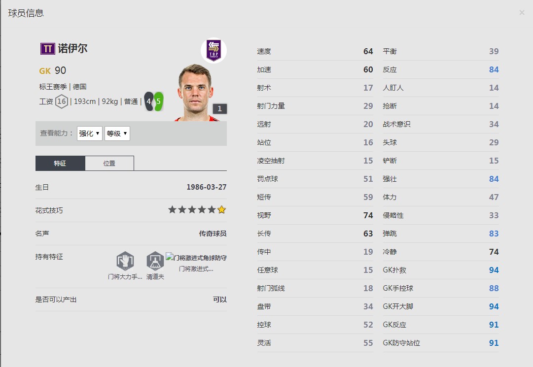 《FIFA online4》诺伊尔球员信息