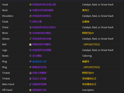 以下是魔兽世界11.0版本痛苦术士毕业装备建议：